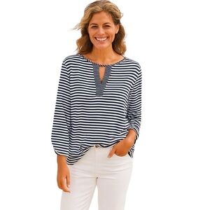 Chicos 2 Large Navy Blue White Stripe Long Roll Tab Sleeve Tshirt Casual